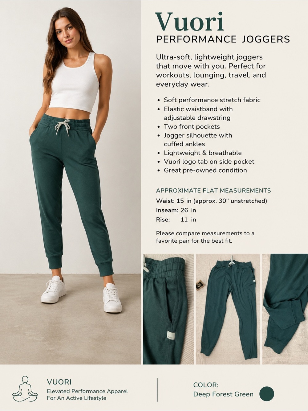 Vuori Deep Forest Green Performance Joggers with Drawstring